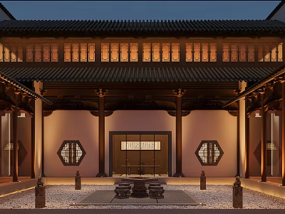 Traditional Chinese Garden Landscape With Courtyard Night Lighting Wooden Structure And Hexagonal Windows 3d model