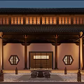 Traditional Chinese Garden Landscape With Courtyard Night Lighting Wooden Structure And Hexagonal Windows