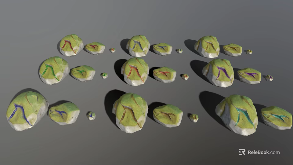 Green And White Decorative Stone Pieces With Colorful Lines And Small Ornaments 3d model 