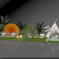 Outdoor Leisure Space Featuring Green Grass White Chairs Large Plants Orange Decor And Teepee 3d model
