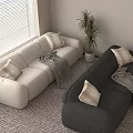 Cream And Dark Gray Sectional Sofas With Decorative Pillows Throw Blankets And Potted Plant 3d model