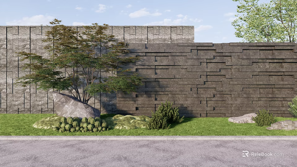 Contemporary Garden Feature Wall With Stone Geometric Design Green Plants Grass And Rocks 3d model 