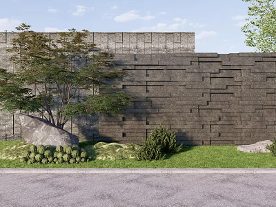 Contemporary Garden Feature Wall With Stone Geometric Design Green Plants Grass And Rocks 3d model