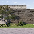 Contemporary Garden Feature Wall With Stone Geometric Design Green Plants Grass And Rocks