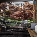 Tranquil Garden Landscape With Red Maple Trees Green Foliage Pond Reflections And Stone Features