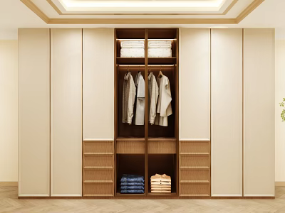 Sleek Modern Wardrobe Interior Design With Hanging Clothes Drawers And Folded Clothes 3d model