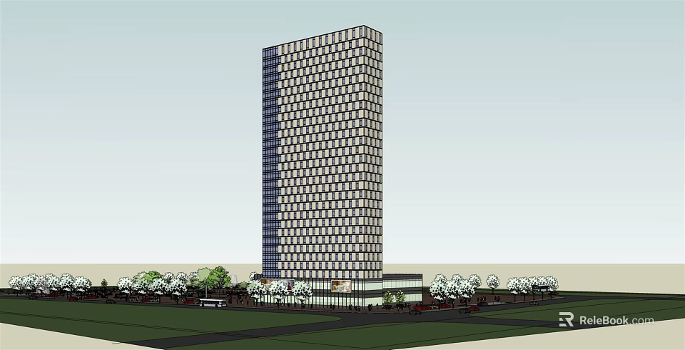 Tall Modern Office Building With Grid Patterned Facade And Surrounding Trees 3d model