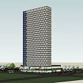 Tall Modern Office Building With Grid Patterned Facade And Surrounding Trees 3d model