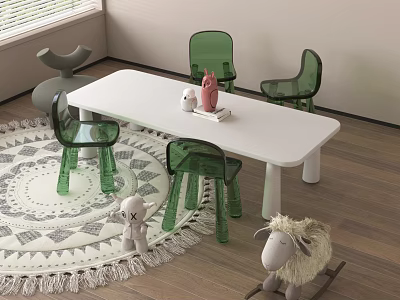 White Kids Table With Green Chairs Round Patterned Rug And Stuffed Toys 3d model