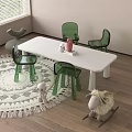 White Kids Table With Green Chairs Round Patterned Rug And Stuffed Toys