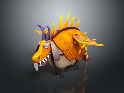 Cartoon Fantasy Creature Featuring Yellow Dragon Head Sharp Fangs Beige Body And Orange Flame Wings 3d model