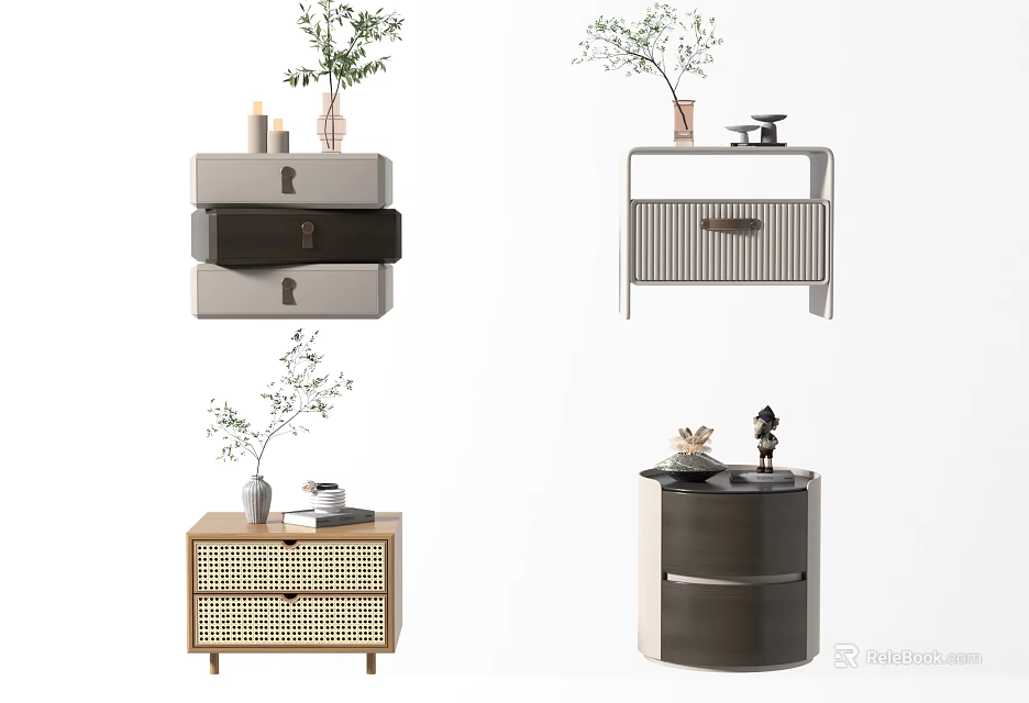 Modern Stylish Bedside Tables With Drawers Storage Plants And Decorative Items 3d model