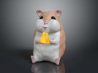 Cute Brown And White Hamster Holding Yellow Food Piece On Gray Background 3d model