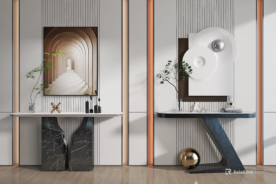 Modern Console Table Interior with Decorative Paintings Green Plants Marble Tops and Metal Decorations 3d model 