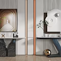 Modern Console Table Interior with Decorative Paintings Green Plants Marble Tops and Metal Decorations