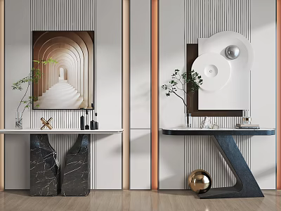 Modern Console Table Interior with Decorative Paintings Green Plants Marble Tops and Metal Decorations 3d model