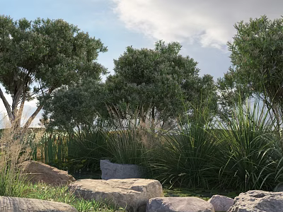 Lush Leafy Trees Surrounded by Green Plants and Rocks Under Blue Sky with Clouds 3d model