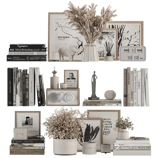 Minimalist Decorative Ornament Set With Books Vase Sculpture Dried Flowers And Photo Frames 3d model 