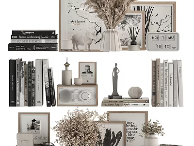 Minimalist Decorative Ornament Set With Books Vase Sculpture Dried Flowers And Photo Frames 3d model
