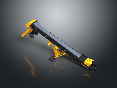 Yellow And Black Industrial Mechanical Conveyor With Long Frame And Wheels 3d model