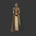 Hooded Character In Green Cloak And White Robe With Crossed Hands Against Gray Gradient Background