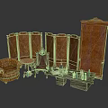 Classic Wooden Furniture Collection Featuring Carved Screens Armchair Small Round Table And Tall Cabinet