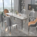 Modern Dining Table Set With Marble Top Gray And Orange Dining Chairs
