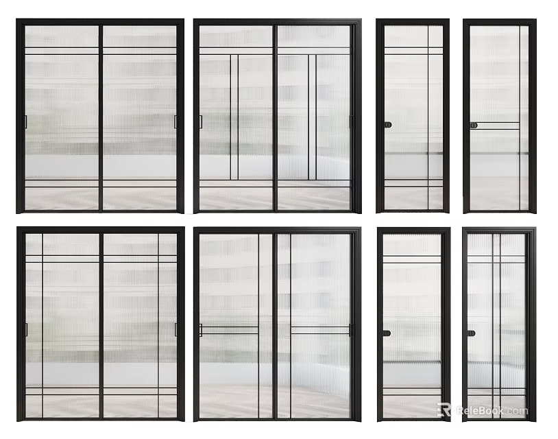 Modern Sliding Doors With Glass Panels Black Frames And Multiple Styles 3d model