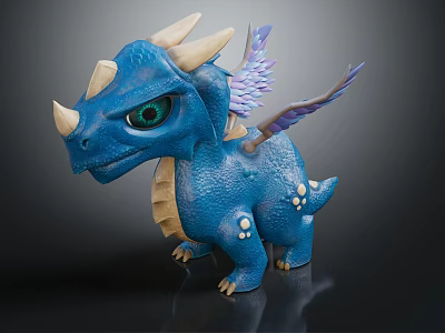 Blue Baby Dragon With White Horns Purple Wings And Green Eyes 3d model