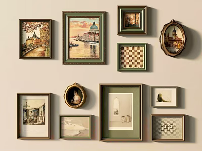 Vintage Framed Artworks Displayed On Beige Wall With Various Frames 3d model