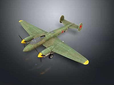 Vintage Green Airplane Model With Two Propellers Yellow Wing Tips And Red Tail Insignia 3d model