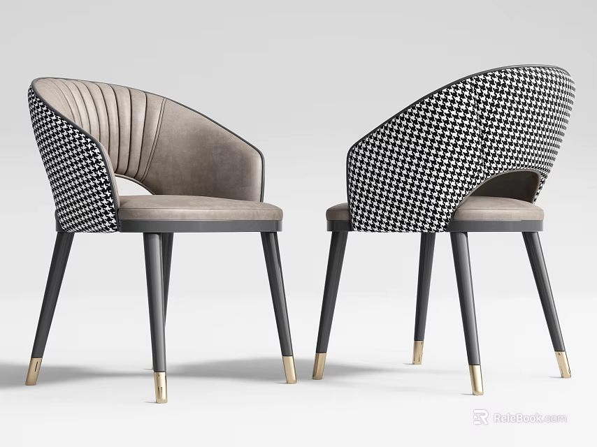 Stylish Dining Chairs With Black White Checkered Backrest Gray Leather Seat And Golden Accent Legs 3d model 
