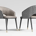 Stylish Dining Chairs With Black White Checkered Backrest Gray Leather Seat And Golden Accent Legs