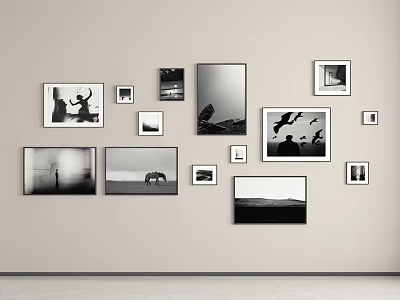 Black And White Photo Gallery Wall Design With Various Sizes Frames In Modern Interior 3d model