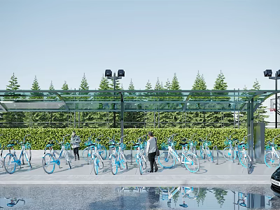 Modern Shaded Bicycle Parking Canopy With Green Trees And Blue Bikes Outdoor Space 3d model