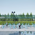 Modern Shaded Bicycle Parking Canopy With Green Trees And Blue Bikes Outdoor Space