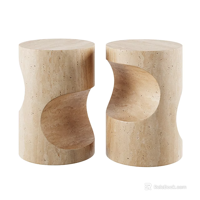 Modern Artistic Beige Travertine Stools With Curved Sculptural Hollowed Out Design 3d model 