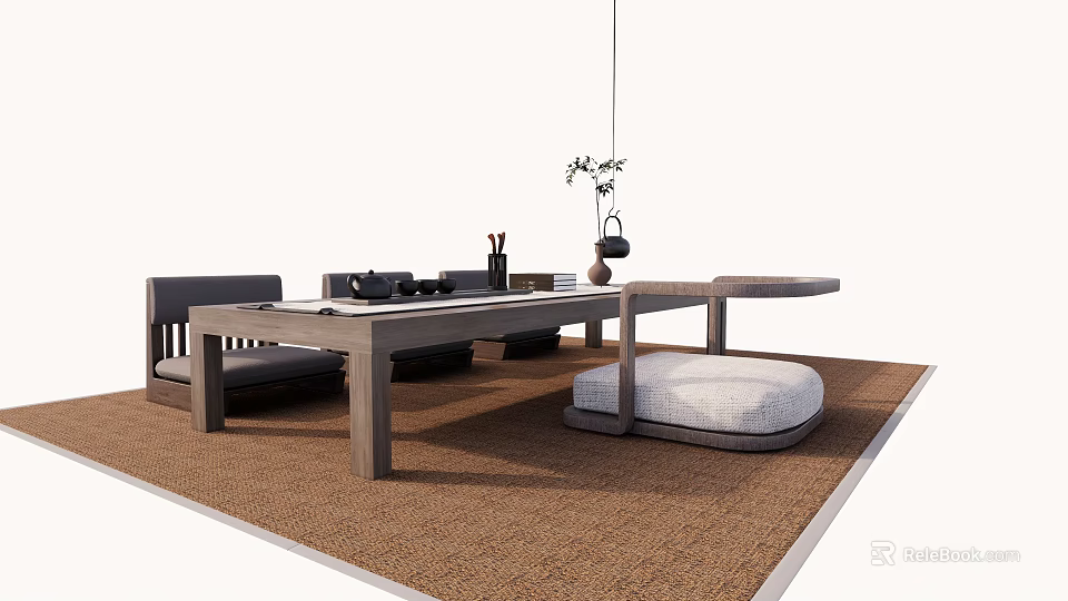 Modern Wooden Tea Table and Chairs with Hanging Plant on Woven Rug 3d model 