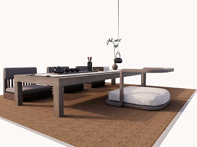 Modern Wooden Tea Table and Chairs with Hanging Plant on Woven Rug 3d model
