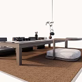 Modern Wooden Tea Table and Chairs with Hanging Plant on Woven Rug