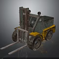 Vintage Rustic Forklift With Green Yellow Body Large Rusted Wheels And Metal Forks