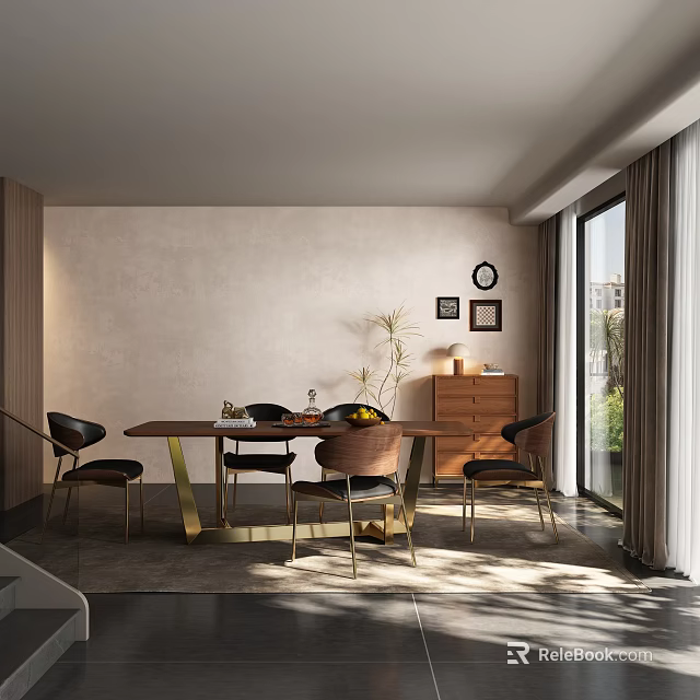 Modern Restaurant Interior With Dining Table Chairs Wall Art Clock Cabinet Large Window Natural Light 3d model 