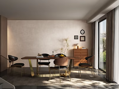 Modern Restaurant Interior With Dining Table Chairs Wall Art Clock Cabinet Large Window Natural Light 3d model