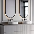 Modern Bathroom Vanity With Double Round Sinks Illuminated Oval Mirrors And Striped Cabinet