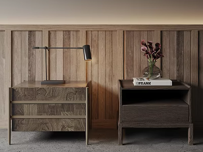 Wooden Nightstands With Lamp Book Vase And Floral Decor On Wooden Panel Wall 3d model