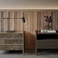 Wooden Nightstands With Lamp Book Vase And Floral Decor On Wooden Panel Wall