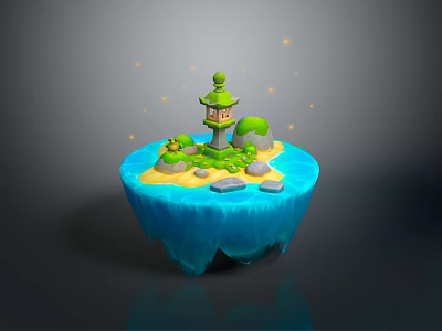 Adorable Cartoon Floating Island Scene with Green Lighthouse Lush Plants Stones Blue Water and Glowing Particles 3d model