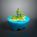 Adorable Cartoon Floating Island Scene with Green Lighthouse Lush Plants Stones Blue Water and Glowing Particles