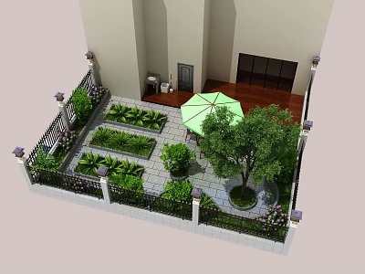 Garden Landscape Design With Patio Area Green Umbrella Neat Plant Beds And Tree 3d model