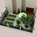 Garden Landscape Design With Patio Area Green Umbrella Neat Plant Beds And Tree
